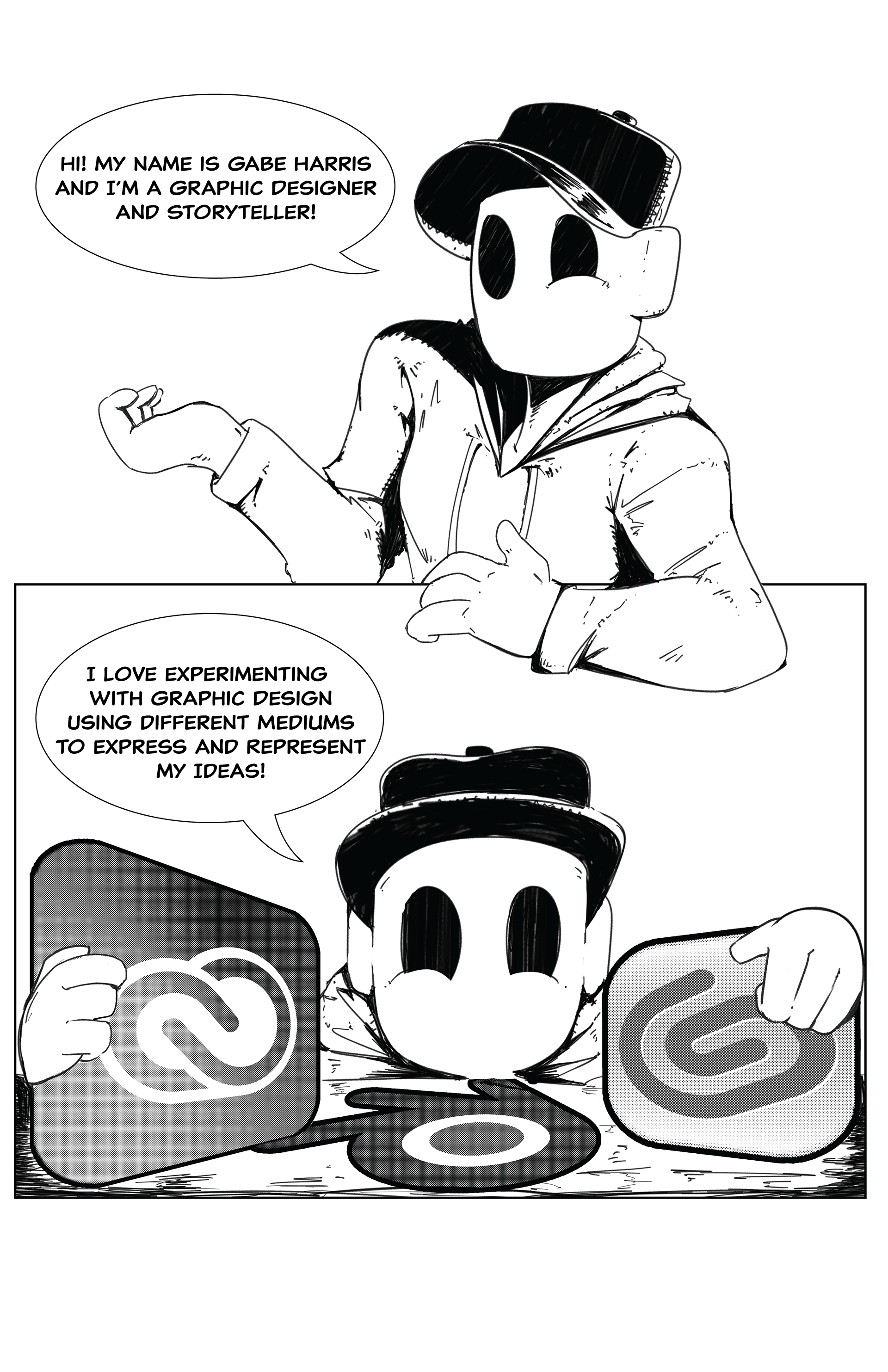 Comic page introducing Gabe Harris as a graphic designer and storyteller