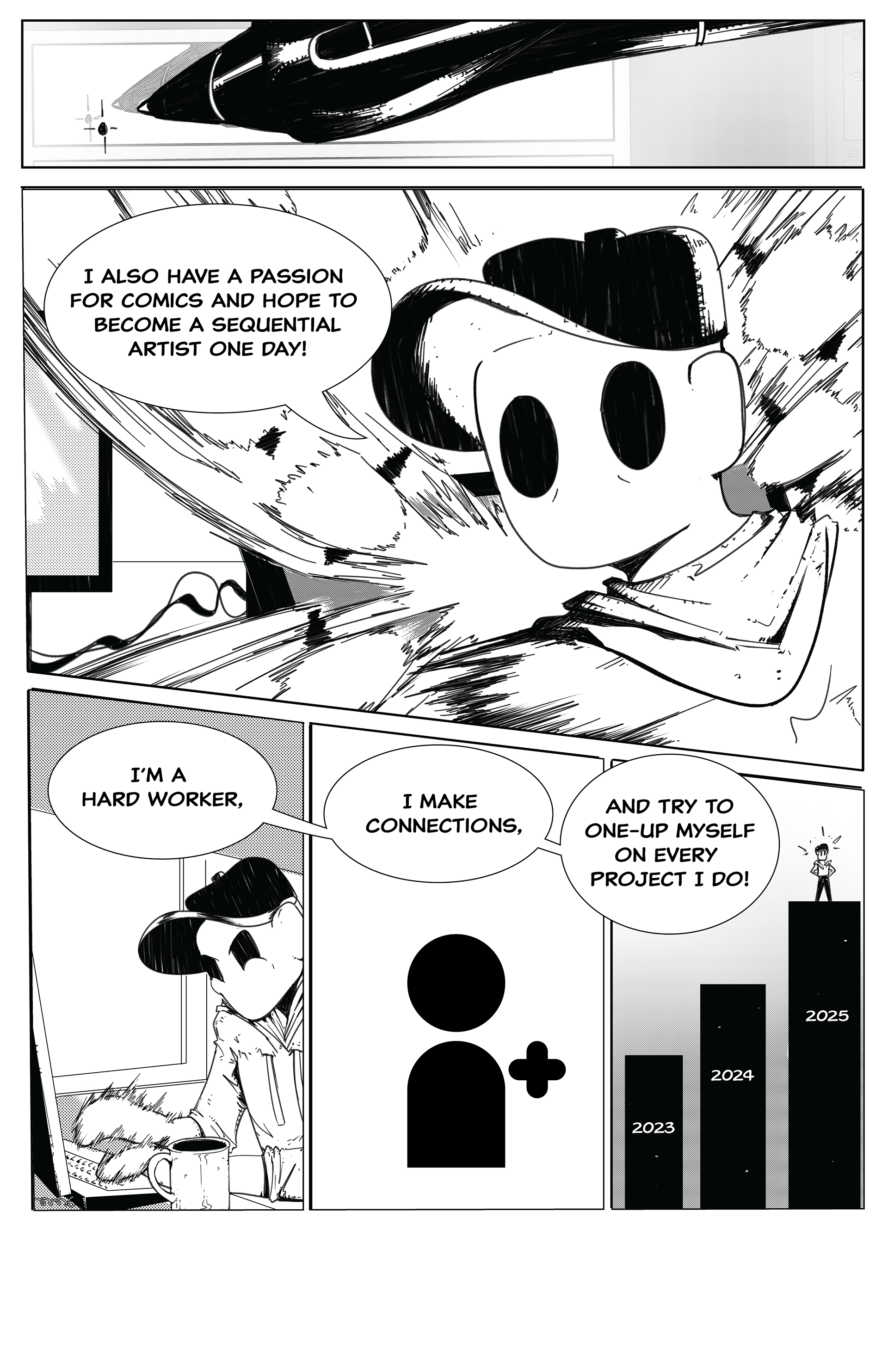 Comic page about Gabe's passion for comics, hard work, connections, and improvement